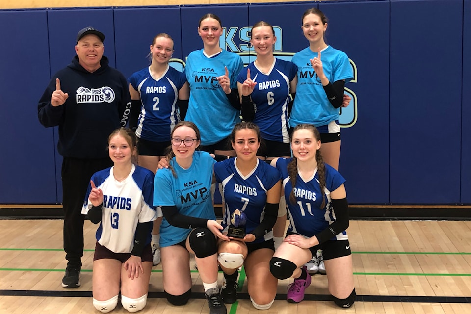 The Kamloops Secondary School senior girls volleyball team finished first at the KSA Single A volleyball tournament in Kamloops. In the back from left are Kyle MacMurchy, Halle Brewer, Michaela Sutton, Wyette Antonick and Abbey Coyne. In front from left are Hannah Martin, Kaylee MacMurchy, Reva Shopshire and Sarah Adams. (Contributed)