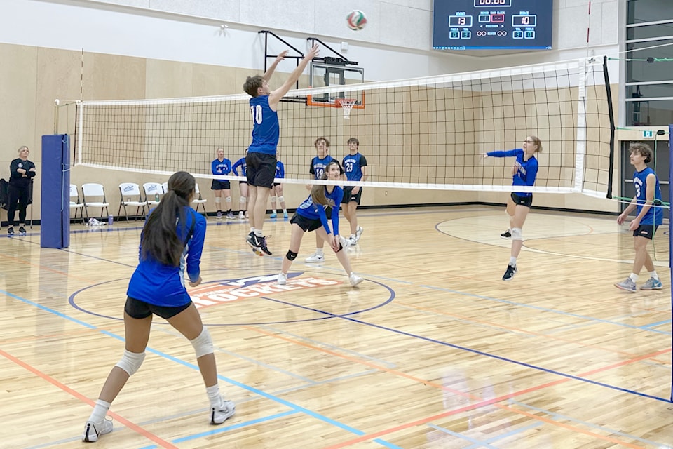 Mixed volleyball teams at Summerland Secondary School compete in the new gym at the high school. The gym was opened on Nov. 13, with an evening funraising event held that evening. (John Arendt/Summerland Review)