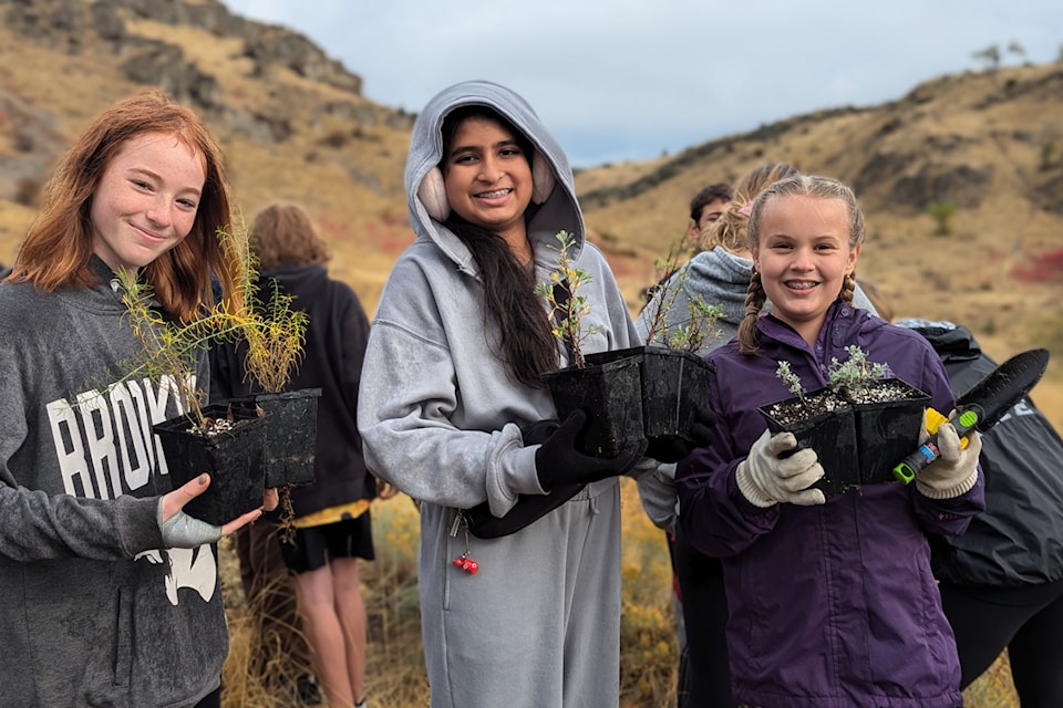 Oliver Elementary students carry indigenous shrubs for planting at Oliver Mountain. (Contributed)