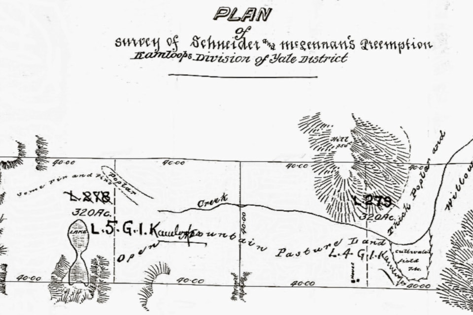 This map shows most of Prairie Valley, in Summerland. On the left is a lake, known was Barclay Lake, Balcomo Lake and now the Trout Creek Water Reservoir. On the lower right is the home and barn of Summerland’s first settlers, Alexander McLennan and Henry Schneider. The creek running through the property was originally named Keremous Creek. The Indigenous name was k̓ərmiw̓s which means a creek that horses can cross. Today the name is Prairie Creek. (Image courtesy of the Summerland Museum) 
