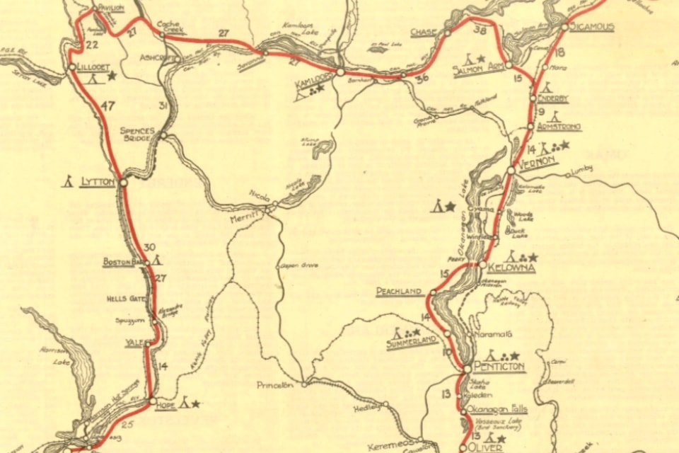 he Okanogan-Cariboo Highway 1924 completed 1927. The ’tent’ represents the location of Auto Camps. (Image courtesy of the Summerland Museum)