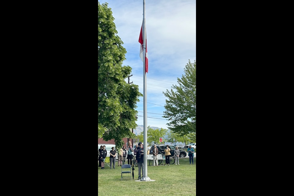 Dick Norris, a Summerland D-Day veteran, lowered the flag for the D-Day ceremony on June 6. The commemorative event was held 80 years after the Second World War invasion in Normandy. (John Arendt/Summerland Review)