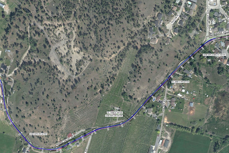 The municipality of Summerland has started work on a portion of Prairie Valley Road. Work began Sept. 18 and will continue until late fall. It will resume in the spring of 2025. (District of Summerland map)