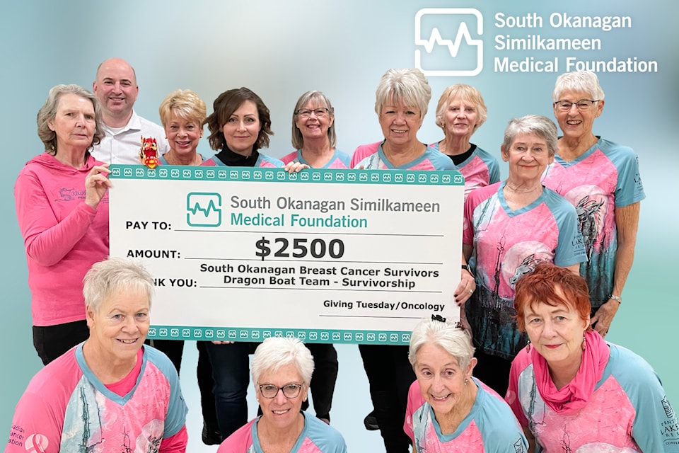 Members of the Survivorship dragon. boat team made their third contribution to the South Okanagan Similkameen Medical Foundation’s oncology campaign. (Contributed)