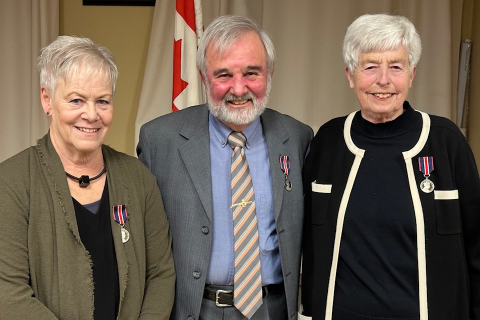 Cathie Lauer, left, John Dorn and Susan McIver were presented with the King Charles III Coronation Medal at a ceremony in Summerland on Jan. 28. (John Arendt/Summerland Review)