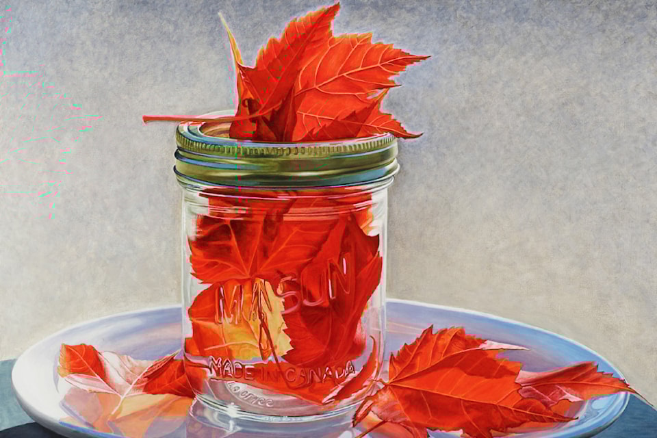 Jan Crawford’s painting, Preserving the Canadian Maple, features a Canadian identity theme.  