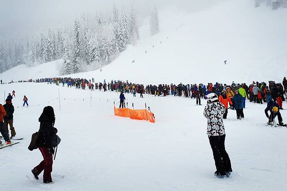 The line-up for the upper gondola at Revelstoke Mountain Resort around 11 a.m. (Jake Tweed via Instagram)