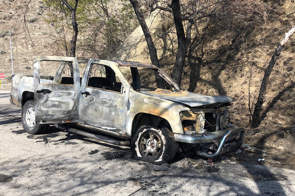 This is what’s left of a truck that caught fire at Pyramid provincial park off Highway 97 Saturday night. (Monique Tamminga Western News)