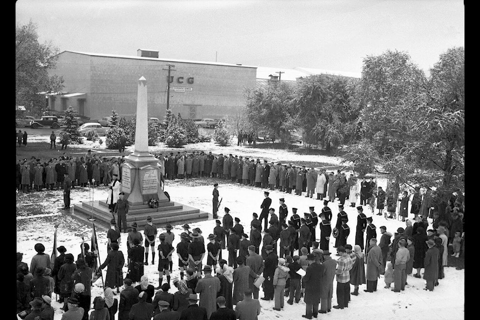 Remembrance Day at the Penticton cenotaph Nov. 11, 1949, four years after the Second World War ended. The parade surrounded the cenotaph that currently stands at the court house at Main and Lakeshore. The Second World War ended Sept. 2, 1945. (Penticton Museum and Archives photo)