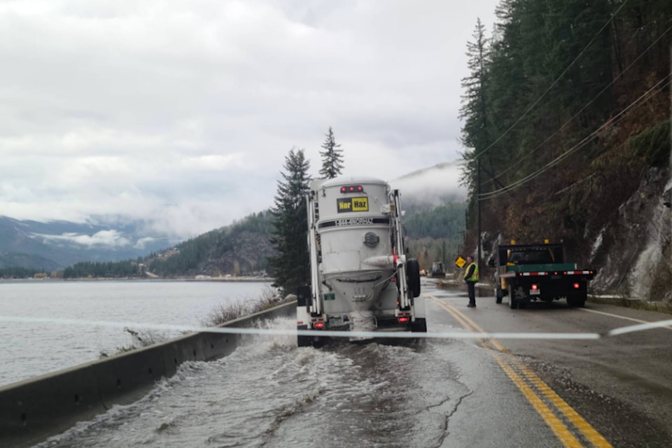 DriveBC reports flooding on Highway 97A south of Sicamous has reduced traffic flow to single lane, alternating. (Jessica Steel/Facebook photo)