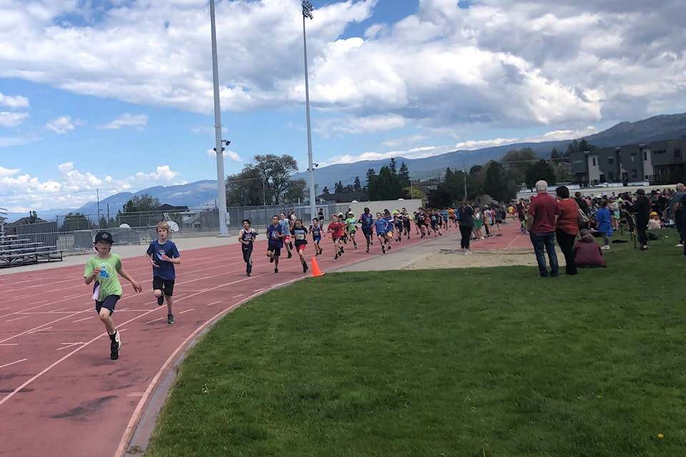 Trout Creek Grade 5 student Leo leads the 800 metre run at the district wide track meet held Wednesday. (Monique Tamminga Western News)