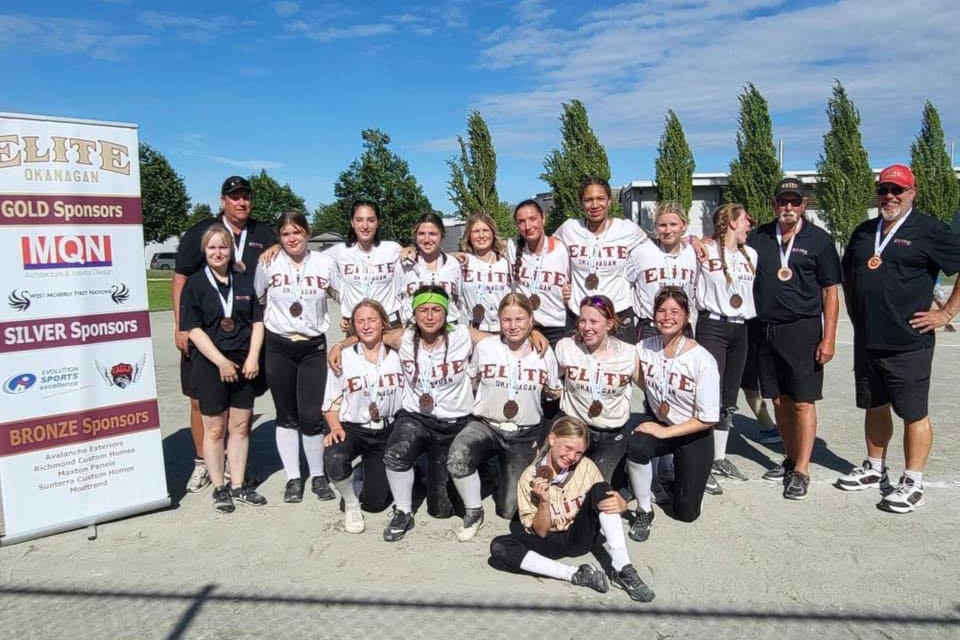 The Okanagan Elite U17B girls softball team,made up of players from Naramata to Tappen, won the bronze medal at the B.C. finals, and now advance to the Western Canadian championships in Alberta. (Facebook photo)