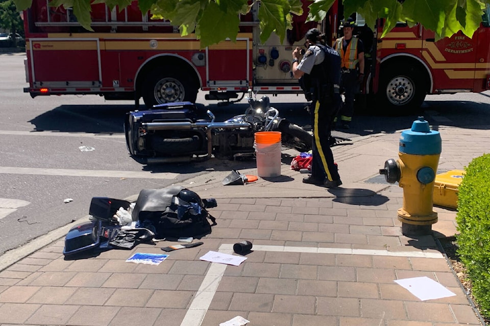 A motorcyclist was injured in Kelowna shortly before 12 p.m. Monday, Aug. 1, in a collision at Harvey and Richter. (Brittany Webster - Kelowna Capital News)