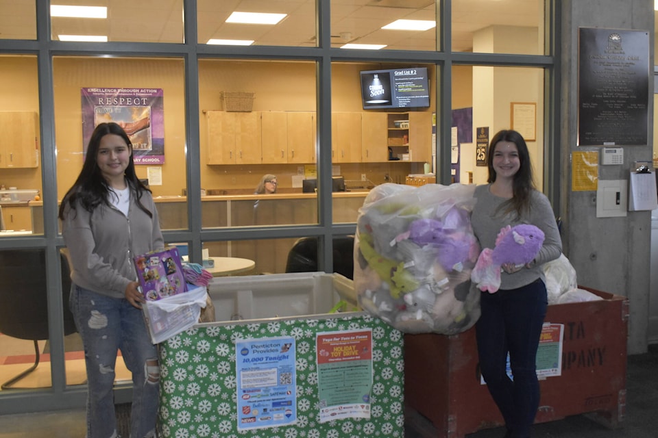 Anna Lopez (left) and Kailyn Beaudoin are aiming to collect 1,000 toys for kids in need ahead of Penticton Secondary’s Tot for Toys Fundraiser on Dec. 8.