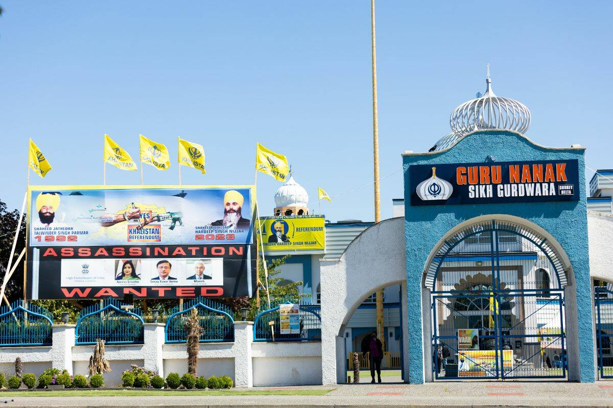 A makeshift billboard outside Guru Nanak Sikh Gurdwara in Surrey on August 16, 2023. Hardeep Singh Nijjar, president of Guru Nanak Sikh Gurdwara, was shot and killed in his truck in the temple parking lot Sunday evening, June 18, 2023. (Photo: Anna Burns)
