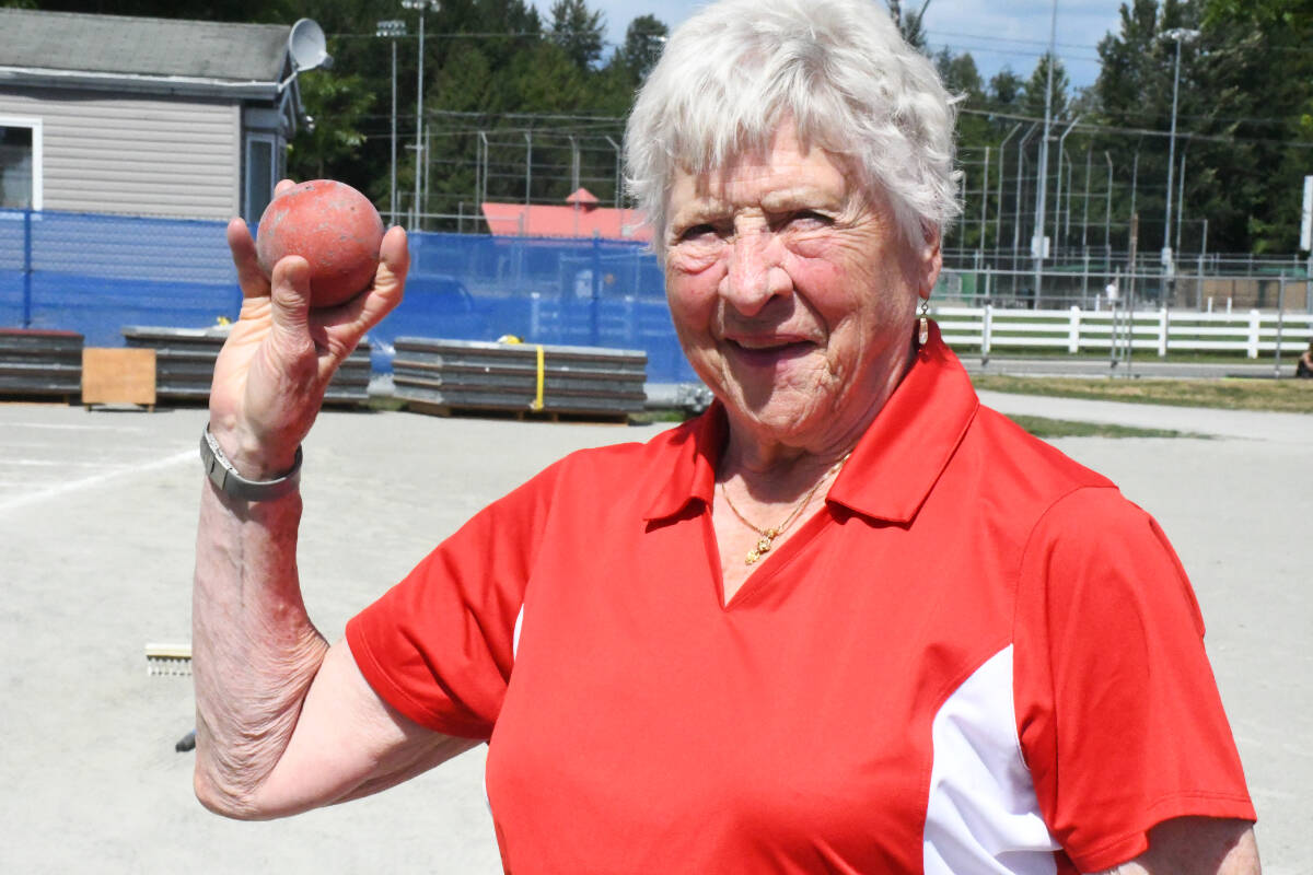 Myrtle Acton of Sooke set new world records for women 90-94 in the shot put and hammer throw at the Canadian Masters Track and Field Championships in Langley on Friday, Aug. 11. (Matthew Claxton/Langley Advance Times)