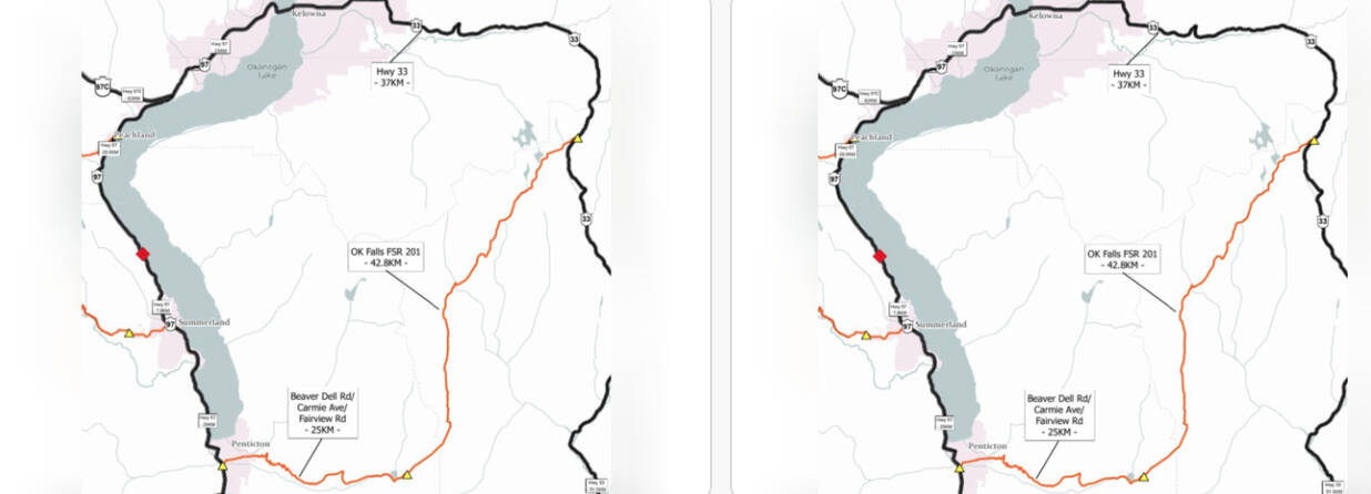 Maps of alternative forest service road routes. (Ministry of Transportation)