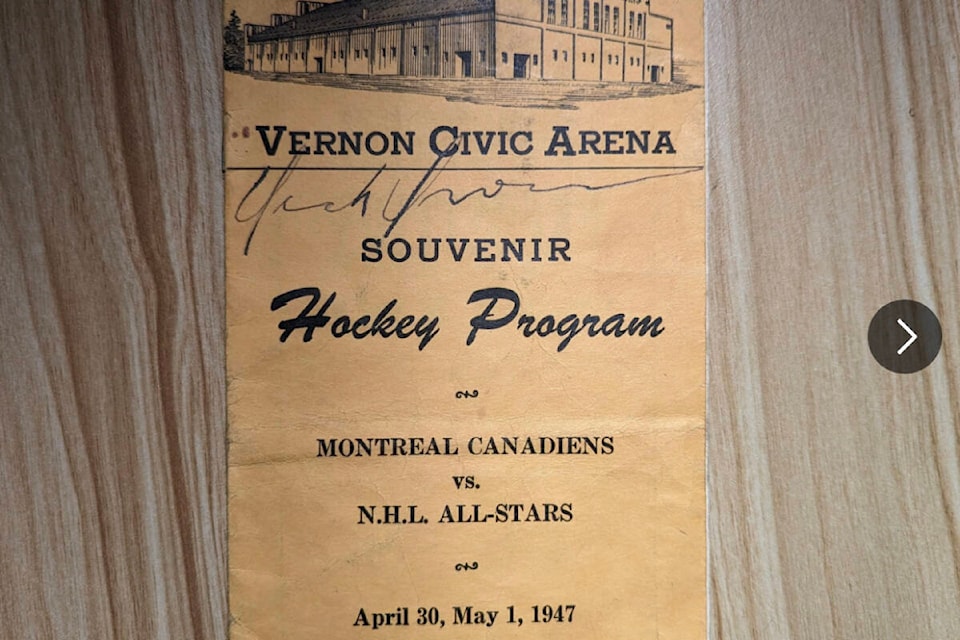 Legendary Hall of Fame NHL coach Dick irvin’s autograph is seen on the front of a souvenir program for an exhibition hockey game played in Vernon back in 1947. (Contributed)