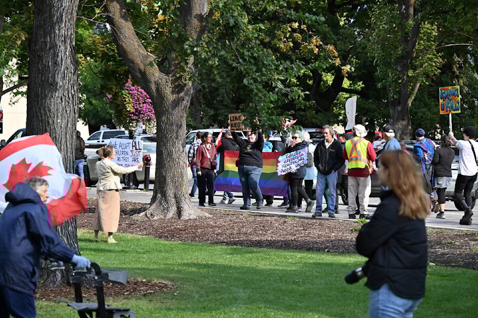 Around 50 One Million March 4 Our Kids protesters were met by a Love is Louder counter protest at Gyro Park in Penticton. (Brennan Phillips Western News)