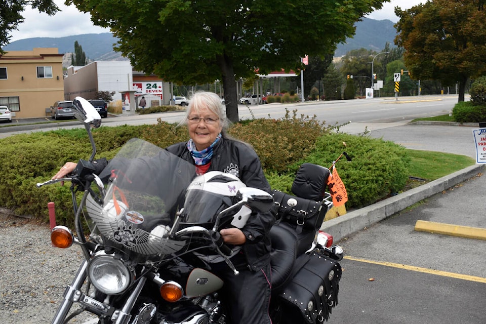 Marie Nobles on Sept. 23, 2023, at Tim Horton’s parking lot for the annual Rex Gill memorial ride. (Logan Lockhart- Western News)