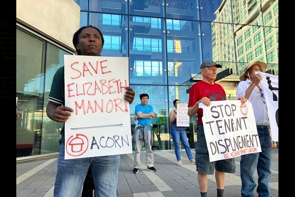 Tenants turned out at Surrey City Hall on Monday, July 8 to protest the demolition of Elizabeth Manor, an affordable rental building that's set to be demolished to make way for two new towers in Whalley.