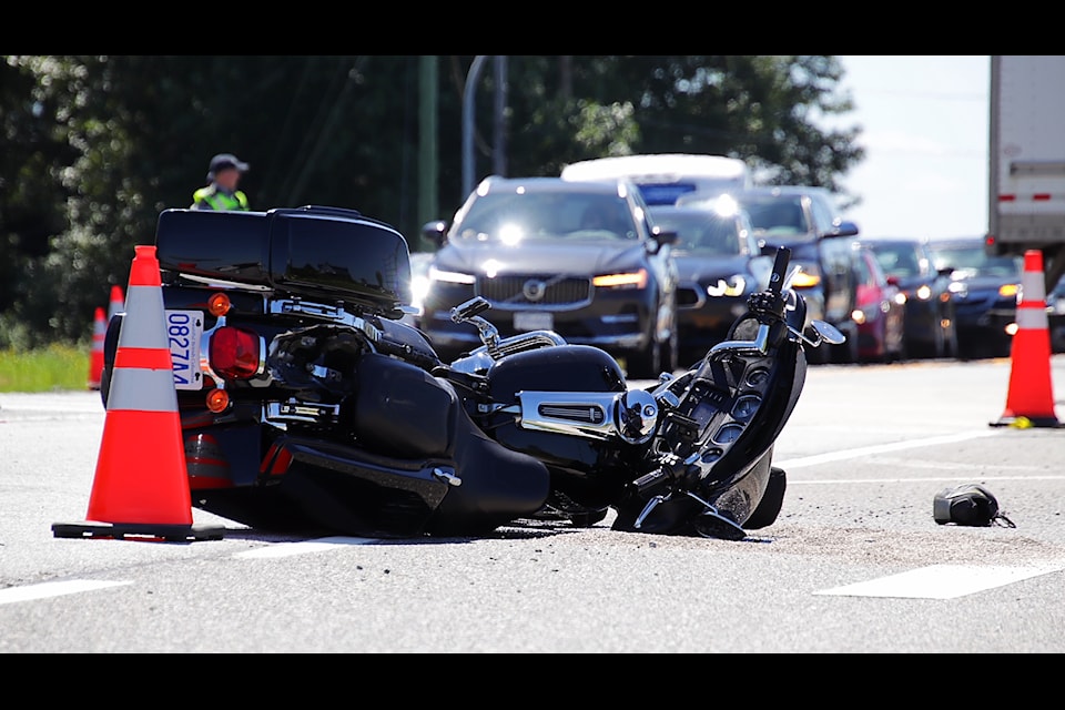 A crash involving a motorcyclist closed a portion of Highway 17 near the Tsawwassen ferry terminal on Saturday, July 12.