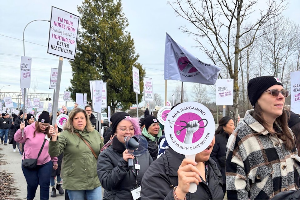 Over 300 unionized nurses rallied on Scott Road in Surrey on Thursday (Dec. 12) near Aria Convention Centre, site of a Fraser Health region bargaining conference involving BC Nurses’ Union members ahead of contract talks with the Provincial Health Services Authority, Providence Health Care and affiliate health employers. 