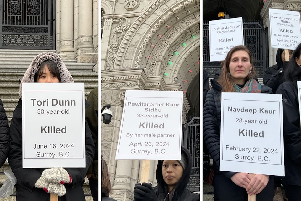 A silent vigil was organized in front of the B.C. legislature in Victoria on Monday, Nov. 25, by Vancouver Rape Relief, marking the International Day for the Elimination of Violence against Women.
