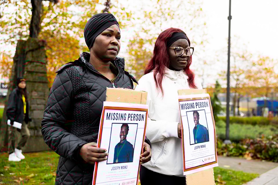 Rose Juan, Joseph's mother, left, and Brenda Maku, Jospeh's older sister, speaking to the media in Holland Park in Surrey on Saturday, Nov. 9, 2024. 
