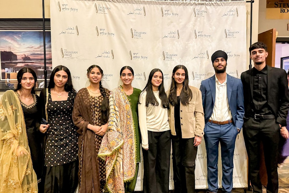 Winners of the Dhahan Youth Award for Creative Writing in the Punjabi Language pose for a photo at the Dhahan Prize Youth Awards at Northview Golf and Country Club in Surrey Nov. 14, 2024. 