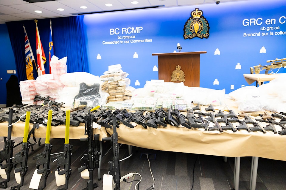 Seized guns, drugs, money and more at the BC RCMP Divisional Headquarters in Surrey on Thursday, Oct. 31, 2024. 