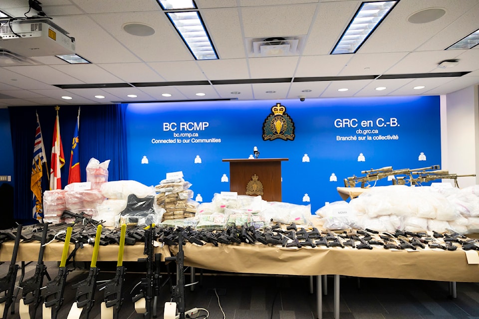 Seized guns, drugs, money and more at the BC RCMP Divisional Headquarters in Surrey on Thursday, Oct. 31, 2024. 