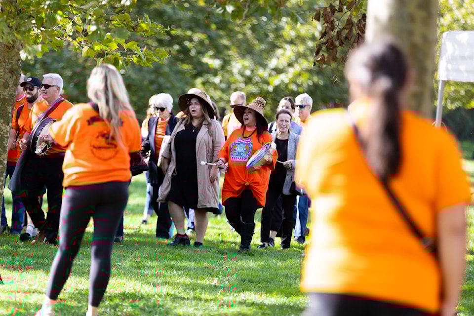 To start Friday's gathering, the annual Orange Shirt Day Drum March started at SFU Surrey E building at 2:40 p.m. and travelled to Holland Park.
