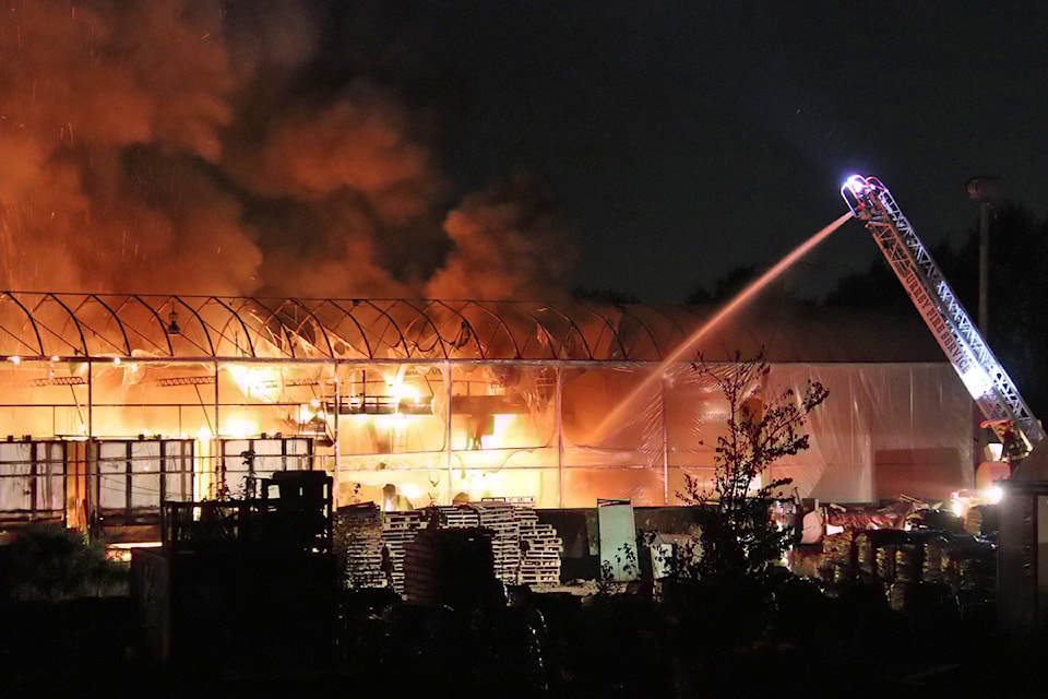 When crews arrived, the building, located on the property behind the Art Knapps garden centre, was fully engulfed in flames. 