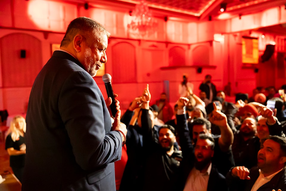 Sukh Dhaliwal at a Liberal Party election night gathering at the Royal King Palace banquet hall on Monday, April 28, 2025 in Surrey. 