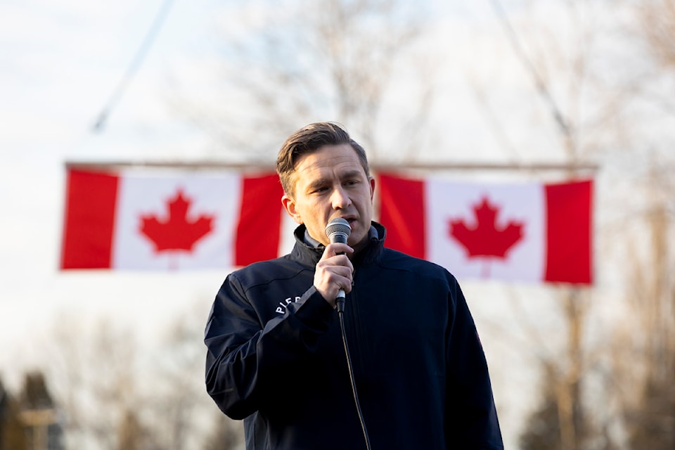 Pierre Poilievre speaking to supporters at a Black Maple construction site in Surrey on Tuesday, Feb. 4. 