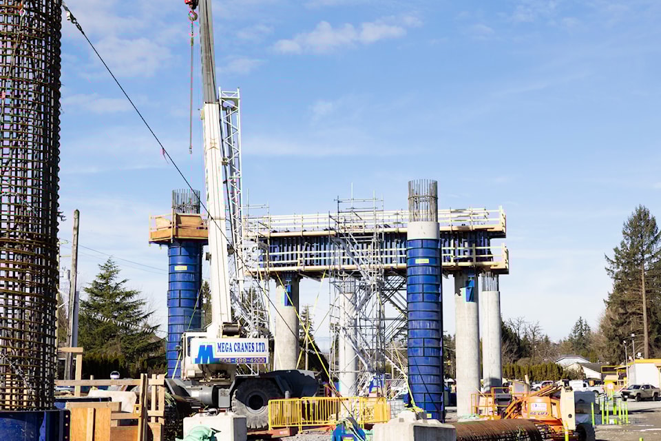 Construction of the new Surrey-Langley SkyTrain station in Fleetwood, on Fraser Highway and 152 Street, on Feb. 28, 2025. 