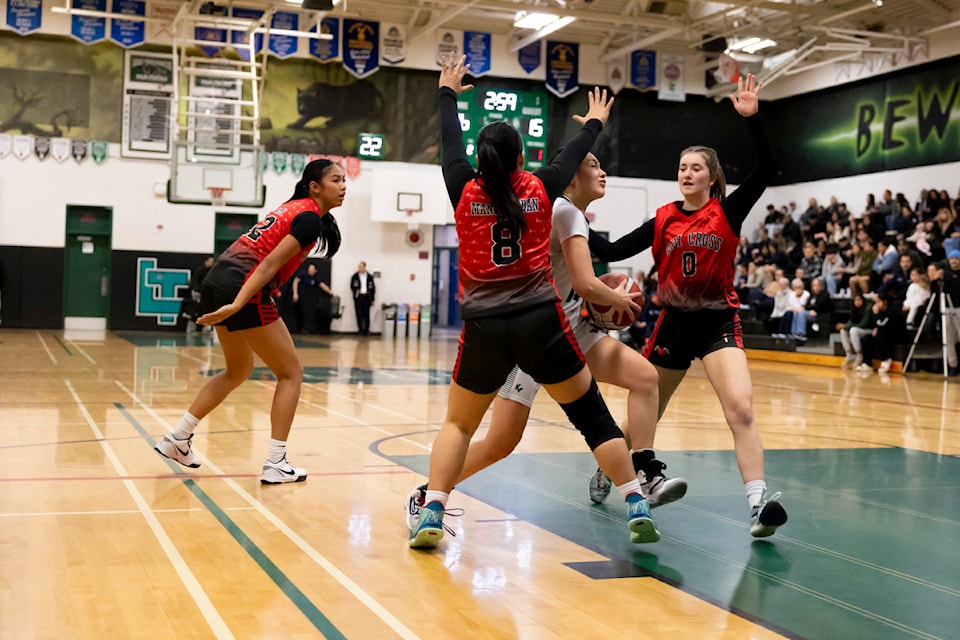 Holy Cross won the Axe Division 79- 70 in the Goodwill Classic basketball tournament championship game against the home team, Lord Tweedsmuir, at Lord Tweedsmuir Secondary in Surrey on Saturday, Jan. 11, 2025. 