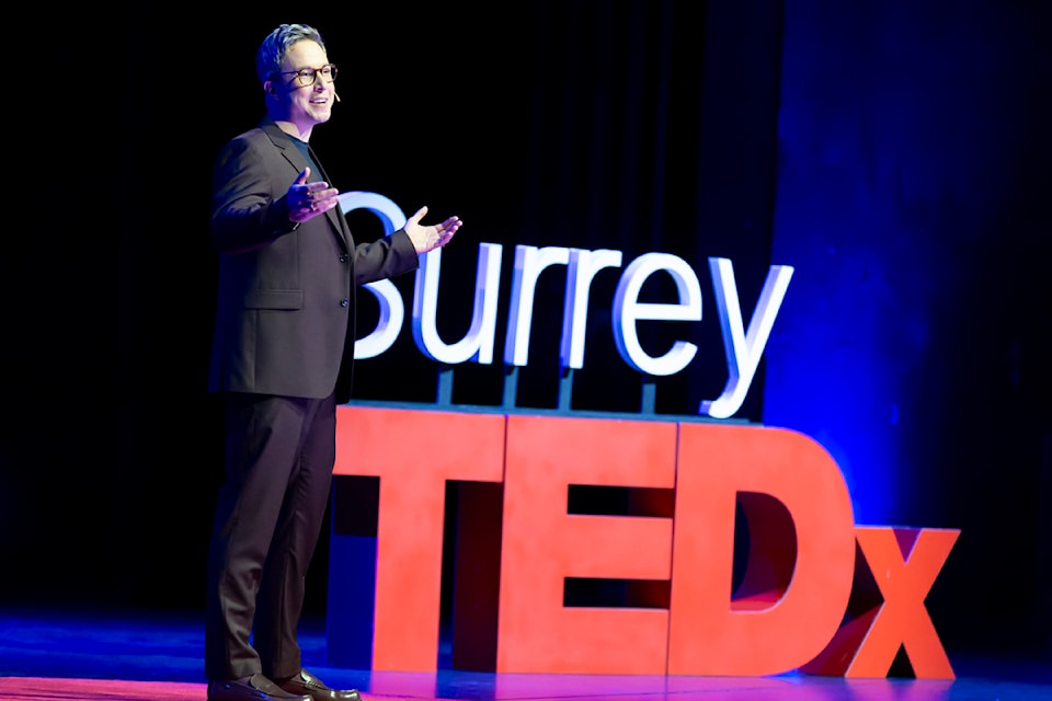 Mischa Oak speaking about "how LGBTQ+ life lessons can make your life better" at TEDxSurrey at the Bell Performing Arts Centre in Surrey on Saturday, Jan. 18, 2025. 
