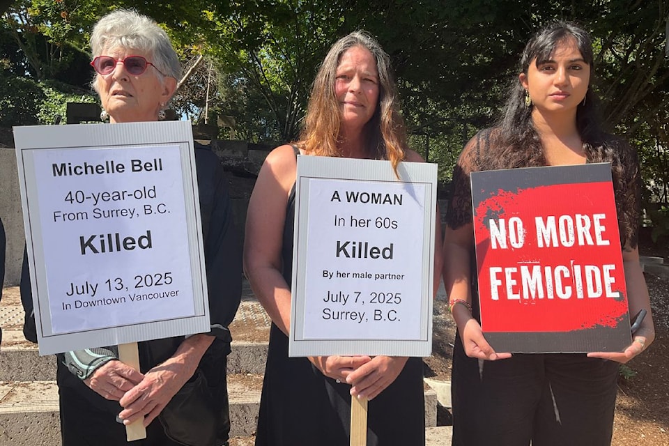 Vancouver Rape Relief and Women's Shelter held a rally in front of Vancouver Art Gallery to remember five women who have been killed by men in B.C. over the past four weeks. Participants held signs with women's names, ages, and the date of their murder.