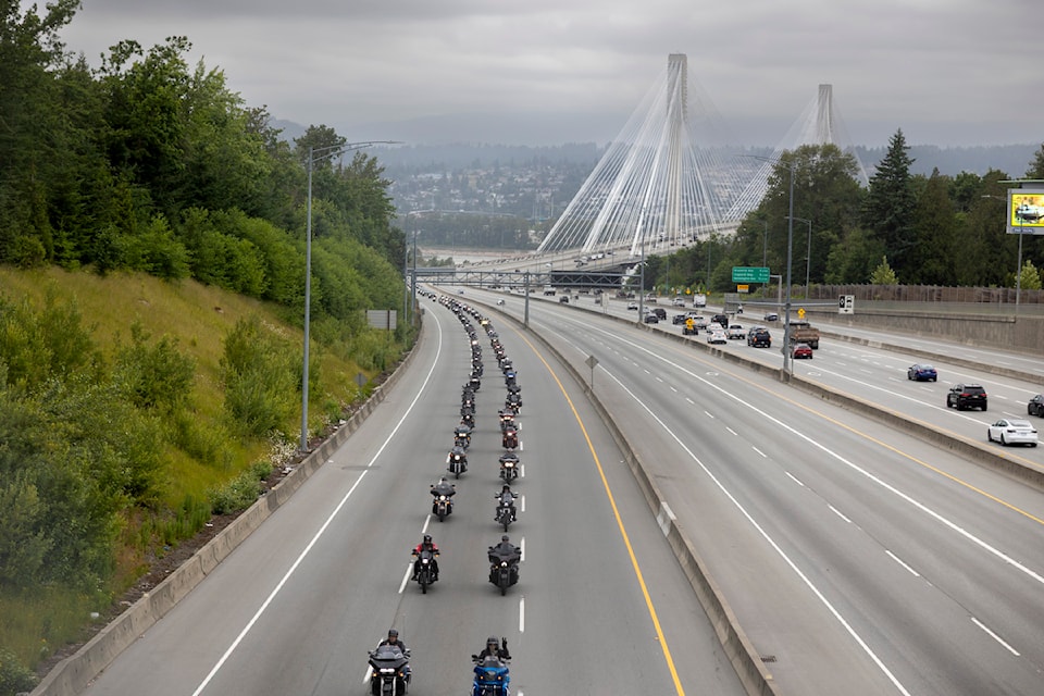 Hundreds of Hells Angels travelled in a procession along Highway 1 from Coquitlam into Surrey for a funeral procession on Thursday, June 12, 2025. 