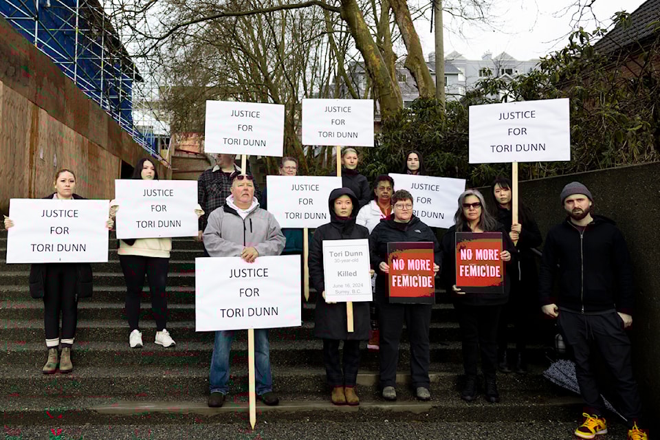 Tori Dunn’s family and friends gathered outside of BC Supreme Court in New Westminster on Friday, March 21, 2025. 