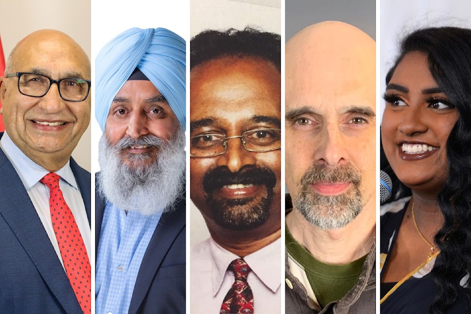 (Left to right) Gurbux Saini for Liberal Party of Canada, Sukh Pandher for Conservative Party of Canada, Murali Krishnan for Green Party of Canada,  John Hetherington for People's Party of Canada and Shannon Permal for NDP.