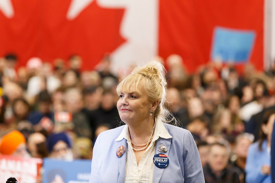 MP Kerry-Lynne Findlay, seen here at a Pierre Poilievre rally in Surrey on March 27, declined to participate in a seniors-focused candidate meeting Wednesday (April 9).