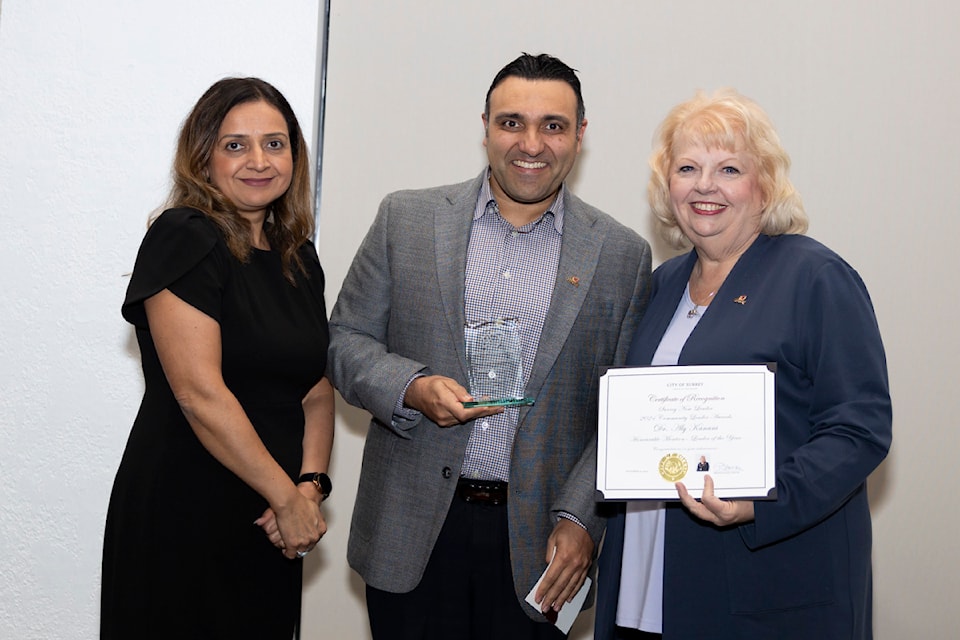 Leader of the year honourable mention Dr. Aly Kanani, centre, poses for a photo with Surrey Mayor Brenda Locke and  Ankur Kaushal, a representative from award sponsor Community Savings Credit Union. The Surrey Now-Leader Community Leader Awards were presented at a reception at Westfield Country Club in Surrey on Thursday, Nov. 21, 2024. 