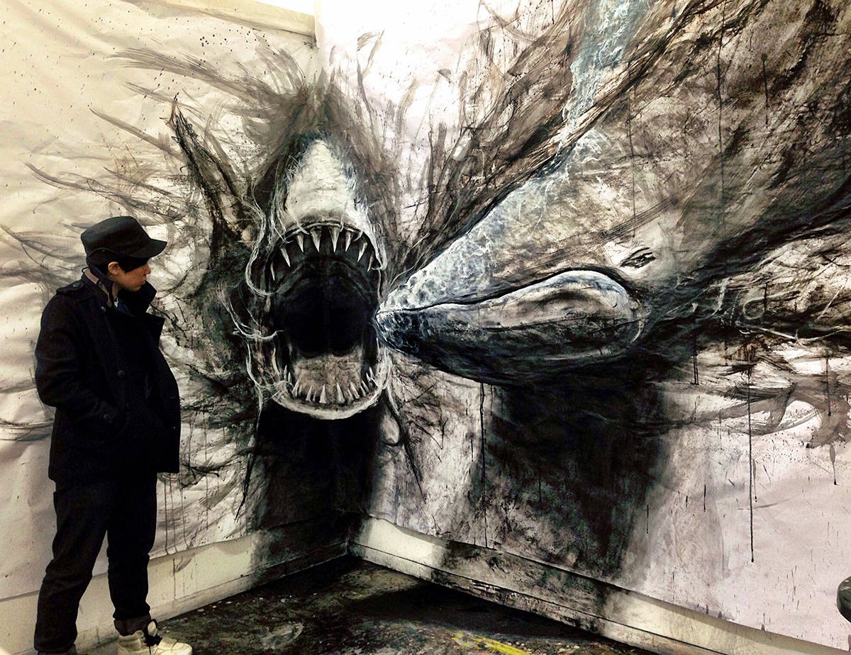 18204185_web1_Fiona-Tang-Shark-VS-Humpback-Whale-2014-charcoal-ink-acrylic-graphite-chalk-pastel-38-x-25-cm.