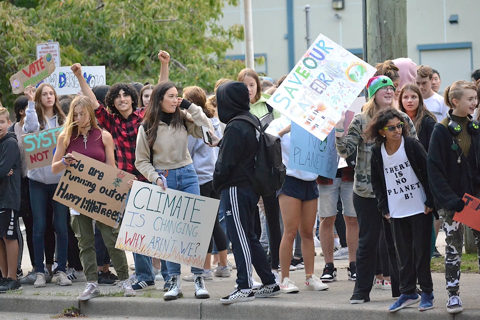 Elgin Park Secondary students rally for climate change outside of their South Surrey school Friday morning, as part of the Global Climate Strike movement. (Nick Greenizan photos)