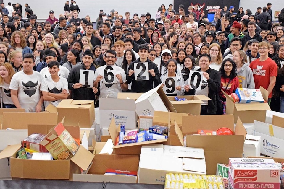 Students and volunteers at North Delta’s Delview Secondary collected over 16,000 non-perishable food items for the Surrey Food Bank and Deltassist during the school’s 27th annual Thanks 4 Giving food drive on Thursday, Oct. 17, 2019. (James Smith photo)