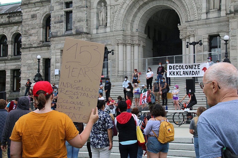 Over a hundred people showed up to the Resist Canada 153 rally at the Legislature on July 1. (Kendra Crighton/News Staff)