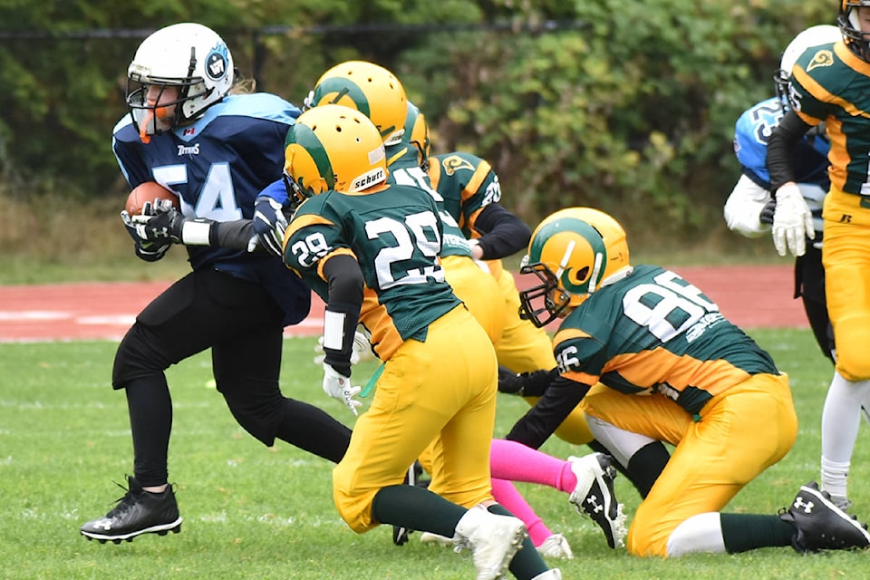 The White Rock Titans junior bantam team hosted the South Delta Rams at South Surrey Athletic Park on Sunday afternoon. (Aaron Hinks photo)